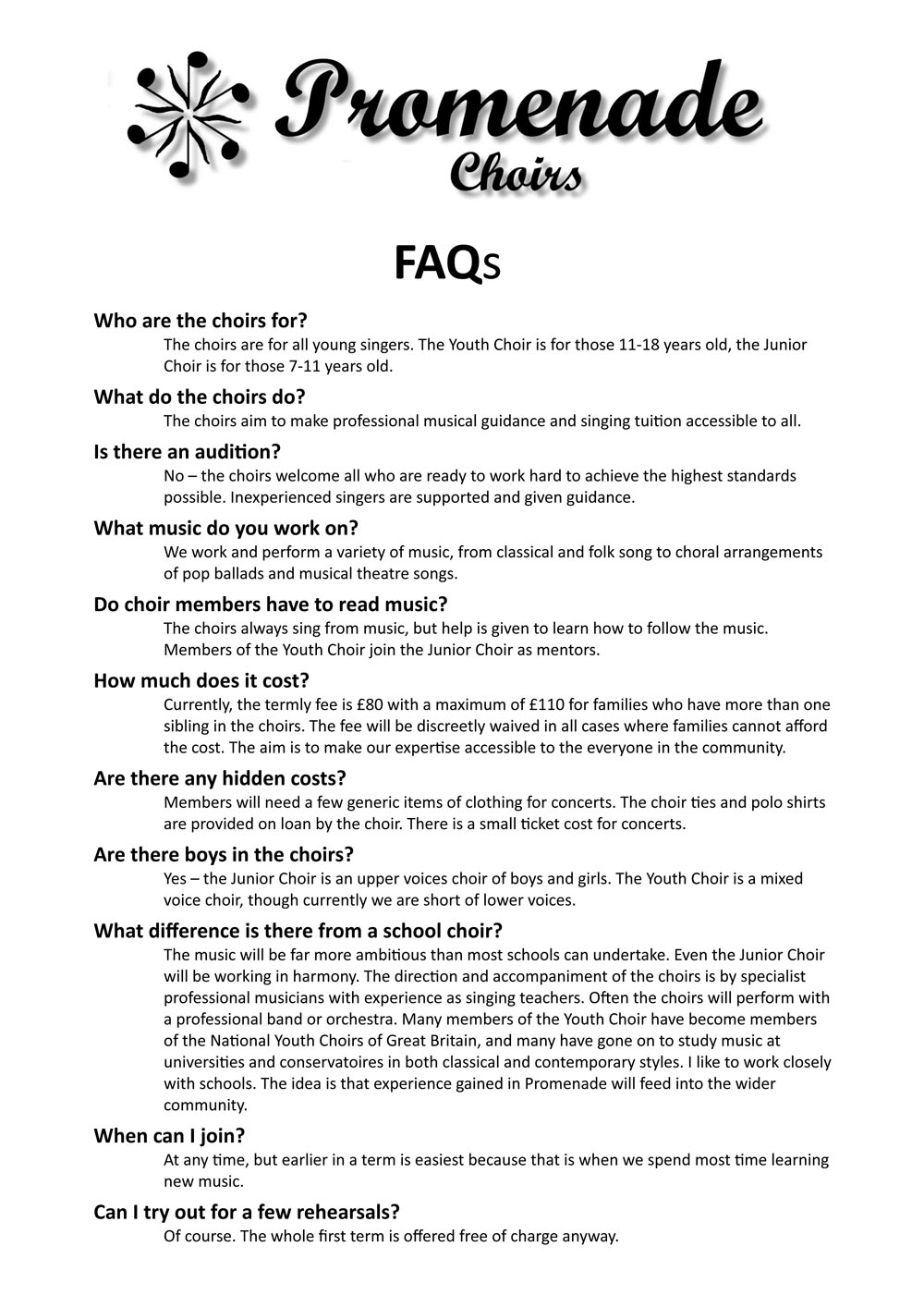 Promenade Youth and Junior Choirs FAQs